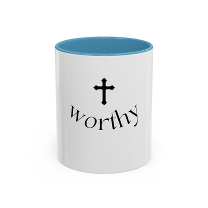 Worthy Christian Coffee Mug — Cross Faith Inspirational Accent Mug (11/15 oz)
