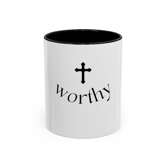Worthy Christian Coffee Mug — Cross Faith Inspirational Accent Mug (11/15 oz)