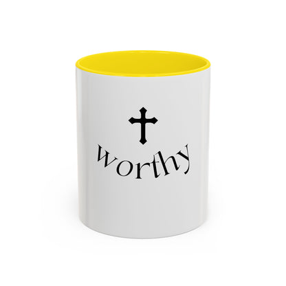Worthy Christian Coffee Mug — Cross Faith Inspirational Accent Mug (11/15 oz)